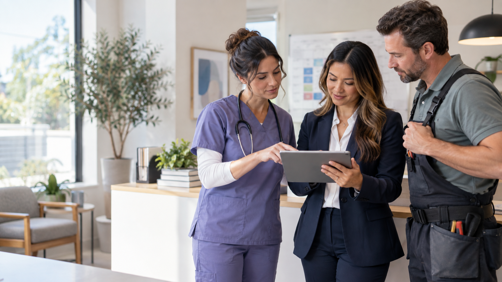 Healthcare, professional, and field service team members coordinating their schedules together
